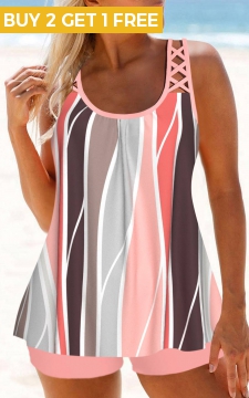 Criss Cross Geometric Print Pink Tankini Top