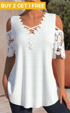 White Patchwork Half Sleeve V Neck T Shirt