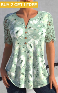 Sage Green Lace Floral Print Short Sleeve Blouse