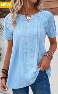Light Blue Patchwork Short Sleeve Split Neck Blouse