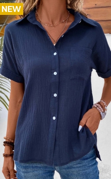 Navy Pocket Short Sleeve Shirt Collar Blouse