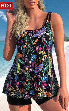 Scoop Neck Floral Print Black Tankini Top