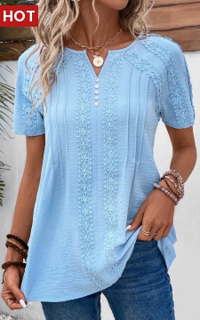 Light Blue Patchwork Short Sleeve Split Neck Blouse
