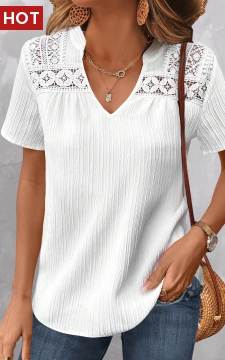 White Lace Short Sleeve Split Neck Blouse