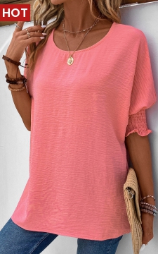 Pink Smocked Half Sleeve Round Neck T Shirt
