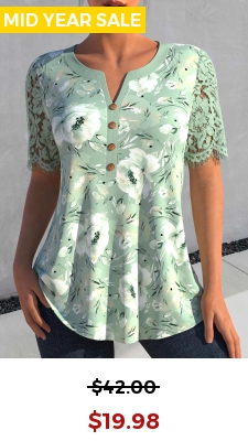 Sage Green Lace Floral Print Short Sleeve Blouse