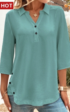 Peacock Blue Button Three Quarter Length Sleeve Blouse