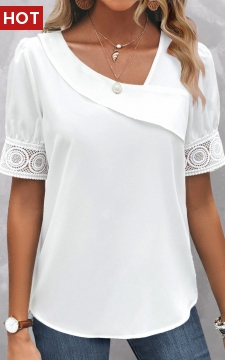 White Patchwork Short Sleeve Asymmetrical Neck Blouse
