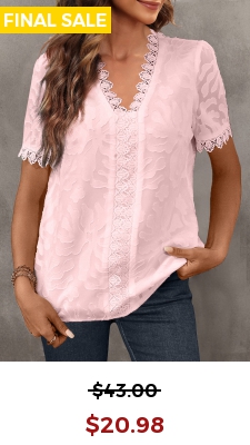 Pink Lace Short Sleeve V Neck Blouse