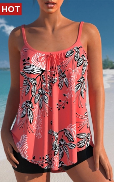 Bowknot Leaf Print Coral Red Tankini Top
