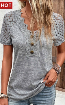 Grey Lace Short Sleeve V Neck T Shirt