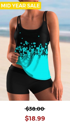 Floral Print Cyan Ombre Tankini Top