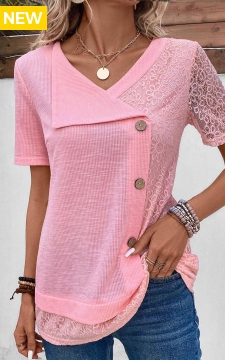 Pink Patchwork Short Sleeve V Neck Blouse