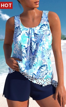 Bowknot High Waisted Floral Print Blue Tankini Set