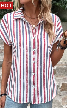 Multi Color Button Striped Short Sleeve Blouse