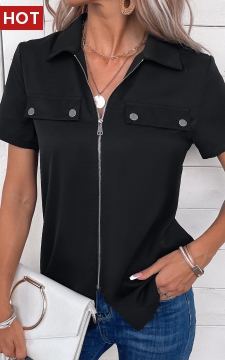 Black Zipper Short Sleeve Turn Down Collar Blouse