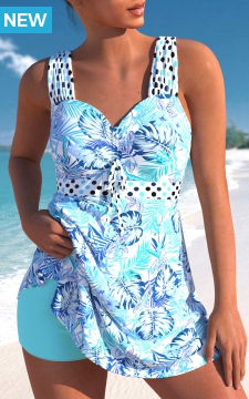 Criss Cross High Waisted Leaf Print Cyan Swimdress Set