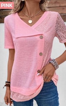 Pink Patchwork Short Sleeve V Neck Blouse