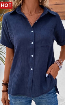 Navy Pocket Short Sleeve Shirt Collar Blouse