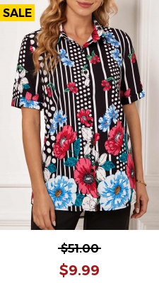 Polka Dot Floral Print Turndown Collar Blouse