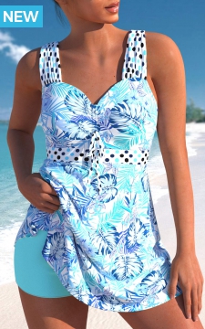 Criss Cross High Waisted Leaf Print Cyan Swimdress Set