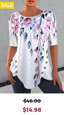 Decorative Button Floral Print Petal Hem T Shirt