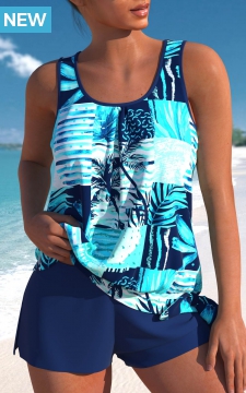 Tie High Waisted Tropical Plants Print Tankini Set