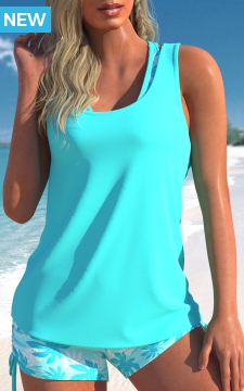 Three-piece High Waisted Leaf Print Cyan Tankini Set
