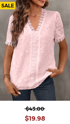 Pink Lace Short Sleeve V Neck Blouse