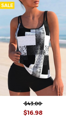 Geometric Print White Wide Strap Tankini Top