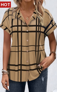 Dark Coffee Button Plaid Short Sleeve Blouse