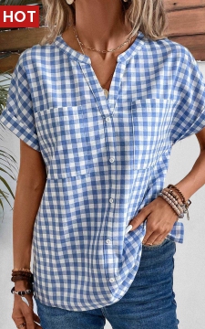 Denim Blue Pocket Plaid Short Sleeve Blouse