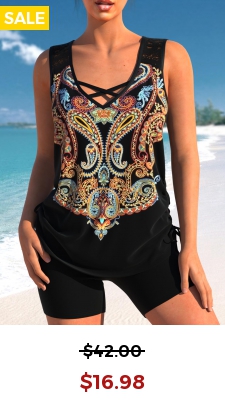 Black Paisley Print Lace Stitching Tankini Top