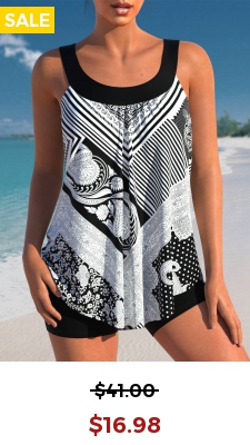Tribal Print Striped Black Tankini Top