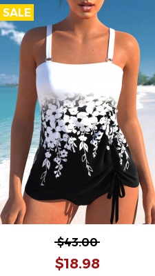 Drawstring Floral Print Black Tankini Top