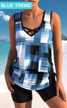 Criss Cross Geometric Print Denim Blue Tankini Top