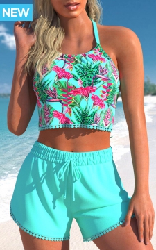 Tassel High Waisted Floral Print Cyan Bikini Set