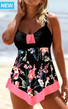 Circular Ring Random Floral Print Black Swimdress Top