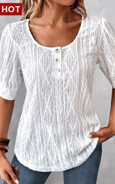 White Button Short Sleeve Round Neck Blouse