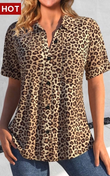 Dark Camel Button Leopard Short Sleeve Blouse
