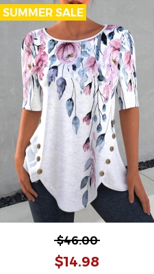 Decorative Button Floral Print Petal Hem T Shirt