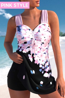 Drawstring Floral Print Pink Swimdress Top