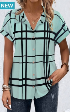 Light Green Button Plaid Short Sleeve Blouse