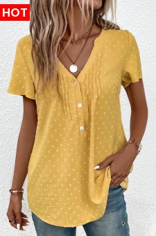 Light Yellow Jacquard Short Sleeve V Neck Blouse