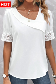 White Patchwork Short Sleeve Asymmetrical Neck Blouse