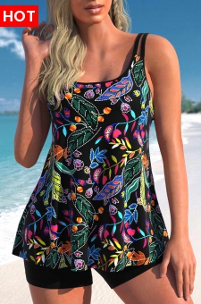 Scoop Neck Floral Print Black Tankini Top