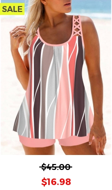 Criss Cross Geometric Print Pink Tankini Top