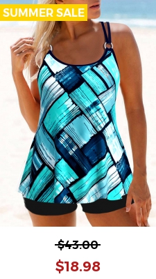 Circular Ring Geometric Print Cyan Tankini Top
