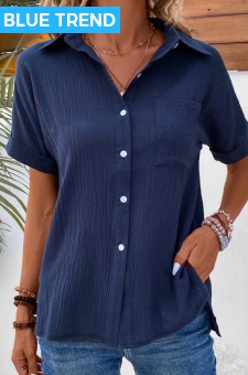 Navy Pocket Short Sleeve Shirt Collar Blouse