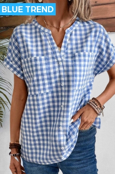 Denim Blue Pocket Plaid Short Sleeve Blouse